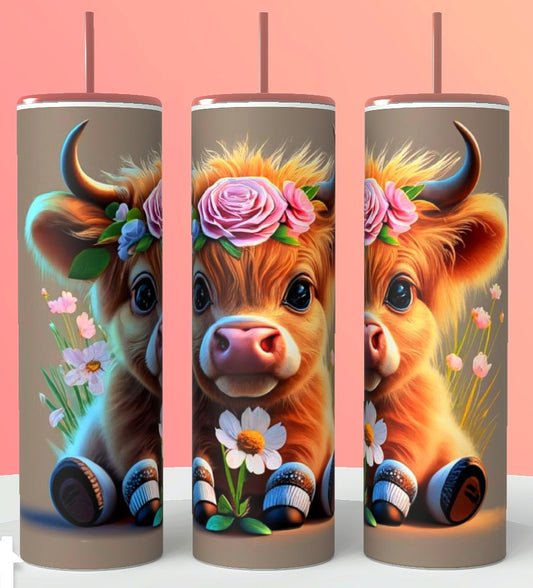 Highland Cow, Cute Floral 20oz Stainless Steel Tumbler